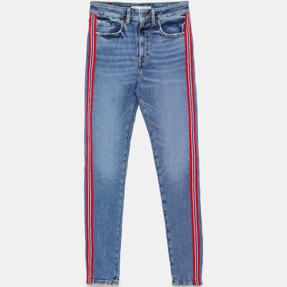 Zara red blue stripe side skinny jeans - Picture 2 of 7